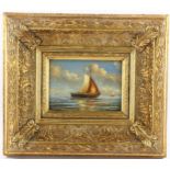 Oil on wood panel, sailing boat at sea, unsigned, 11cm x 16cm, framed Very good condition