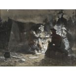 Ernest Prater (1864 - 1950), by the campfire on the Velot, original ink/watercolour illustration,