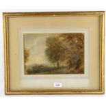 19th century watercolour, figures in a landscape, indistinctly signed, 19cm x 28cm, framed Slight