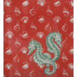Viola Paterson (1899-1901), block print on fabric, Seahorses, 26cm x 24cm, mounted, glazed and