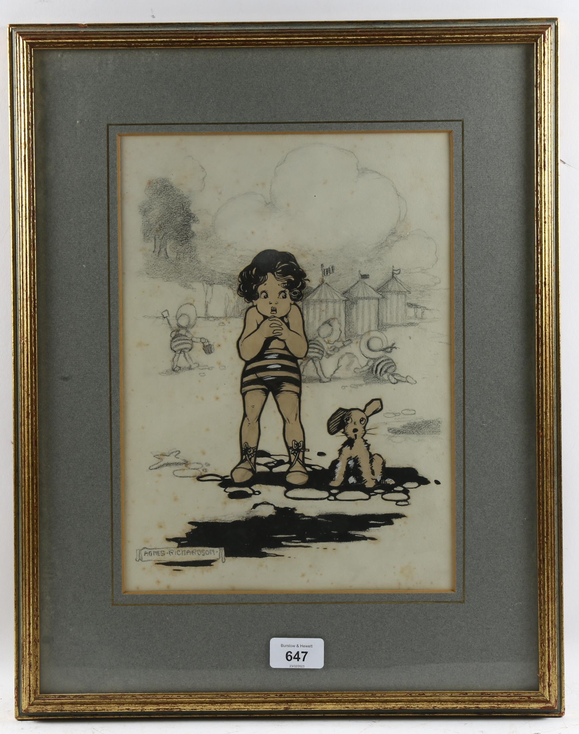 Agnes Richardson, original illustration, children at the beach, pen ink and pencil, signed, 32cm x - Image 2 of 4