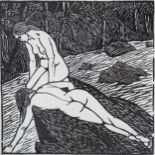 Gwen Raverat (1885-1957), woodcut on paper, The Bathers (1920), 15cm x 15cm, mounted, glazed and