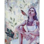 Alice Spiers, thoughts in spring, oil on board, inscribed verso, 49cm x 39cm, framed