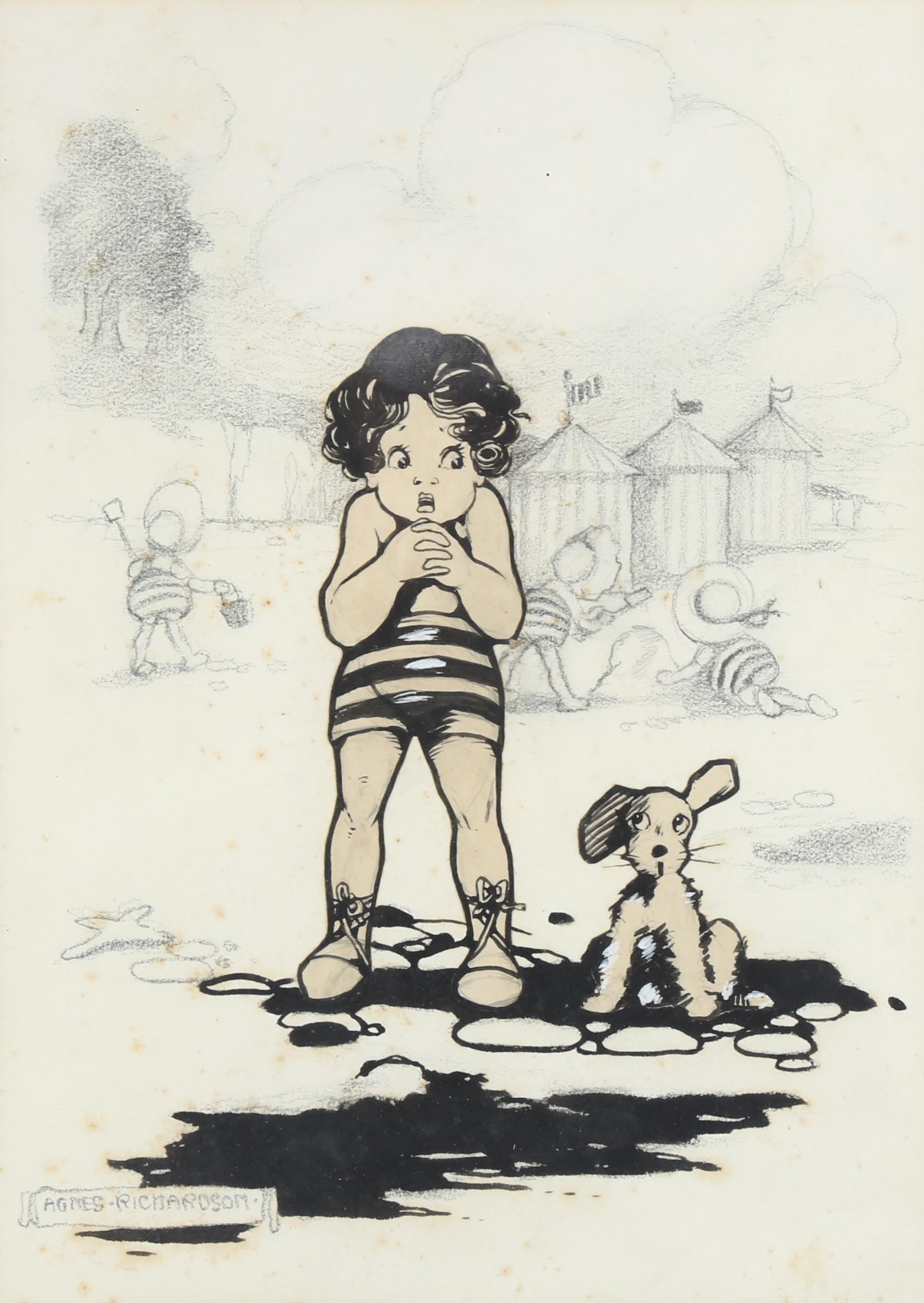 Agnes Richardson, original illustration, children at the beach, pen ink and pencil, signed, 32cm x