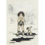 Agnes Richardson, original illustration, children at the beach, pen ink and pencil, signed, 32cm x