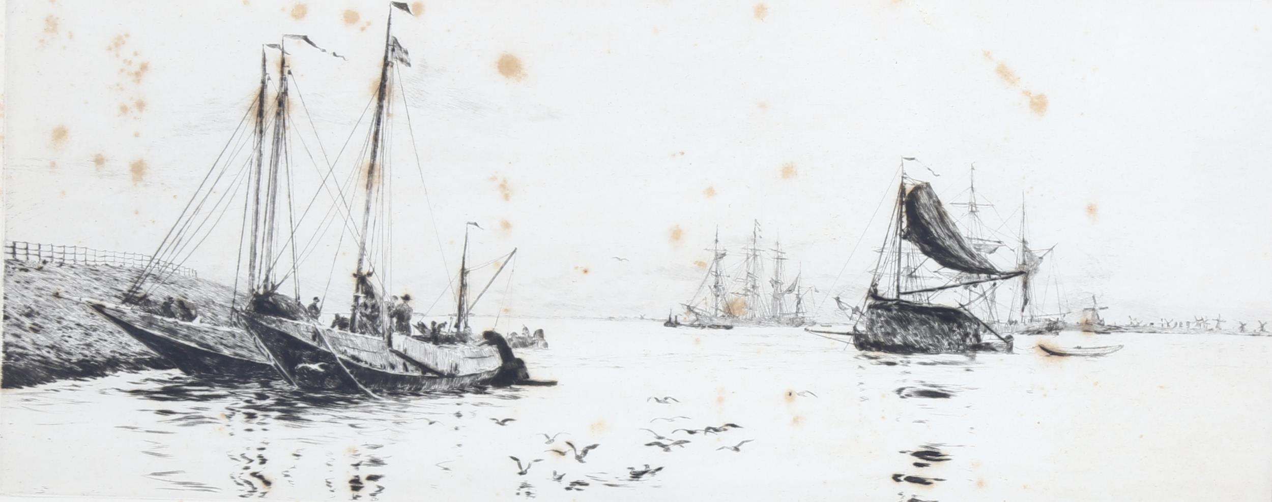 William Lionel Wyllie (1851 - 1931), Dutch eel boats on the Schelt, drypoint etching, signed in