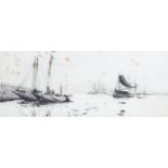 William Lionel Wyllie (1851 - 1931), Dutch eel boats on the Schelt, drypoint etching, signed in