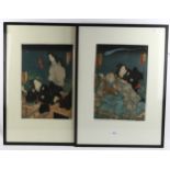 2 Japanese colour woodblock prints with text inscriptions, 35cm x 24cm, framed Slight discolouration