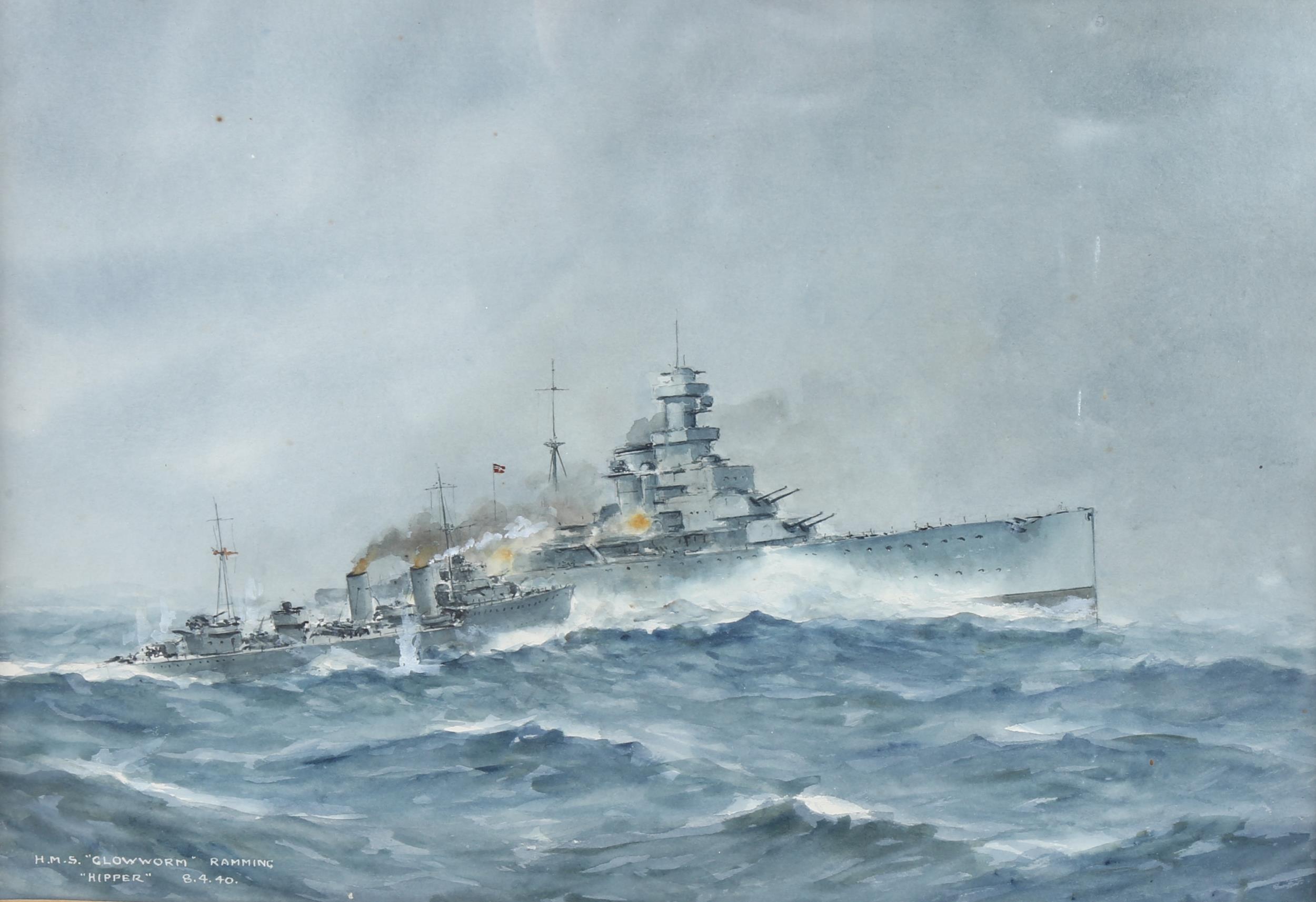 Erskine Tufnell, HMS Defender 1932, and HMS Glowworm ramming Hipper 8.4.40, 24cm x 35cm, 1 framed - Image 2 of 4