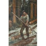 Richard Caton Woodville (1856 - 1927), lumberman at work Canada, image 11cm x 7cm, framed A few tiny