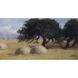 Alfred East (1844 - 1913), haystacks, oil on board, signed with monogram, 6cm x 21cm, framed Good