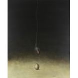 Alison Rankin, balancing egg with hanging feather, acrylic on paper, signed with monogram, artist'