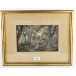 19th century watercolour, traveller in woodland, indistinctly signed, 18cm x 28cm, framed Good
