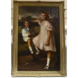 Circle of Fred Morgan (1847/56 - 1927), large scale portrait of 2 children, oil on canvas, unsigned,