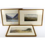 Claude Hulk, 3 extensive landscape watercolours, including Glastonbury Tor, 13cm x 24cm, framed (