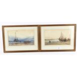 A pair of early 20th century watercolours, beached fishing boats, indistinctly signed, 14cm x