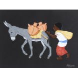 Jose Luis Betanzos, girl with donkey, gouache on black paper, signed, 23cm x 31cm, framed Good