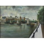 Southwark Bridge on the Thames Southbank, late 20th century oil on board, unsigned, 44cm x 60cm,