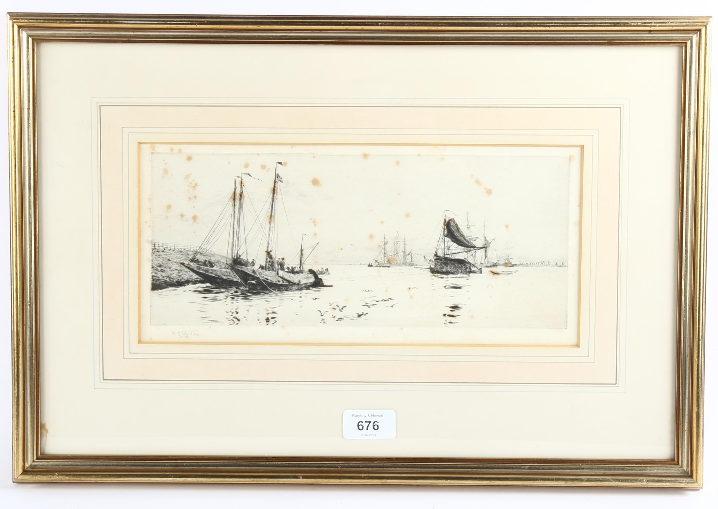 William Lionel Wyllie (1851 - 1931), Dutch eel boats on the Schelt, drypoint etching, signed in - Image 2 of 4