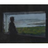 Stuart Buchanan (born 1970), figure at the window, oil on paper, exhibition label verso, 20cm x