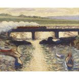Charles Andrew RWA, train crossing an estuary, impasto oil on board, signed, 40cm x 49cm, framed