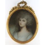 19th century oval coloured pastels portrait of a young woman, unsigned, image 52cm x 44cm, framed