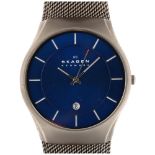 SKAGEN - a titanium quartz bracelet watch, ref. 956XLTTN, blue dial with white baton hour markers,