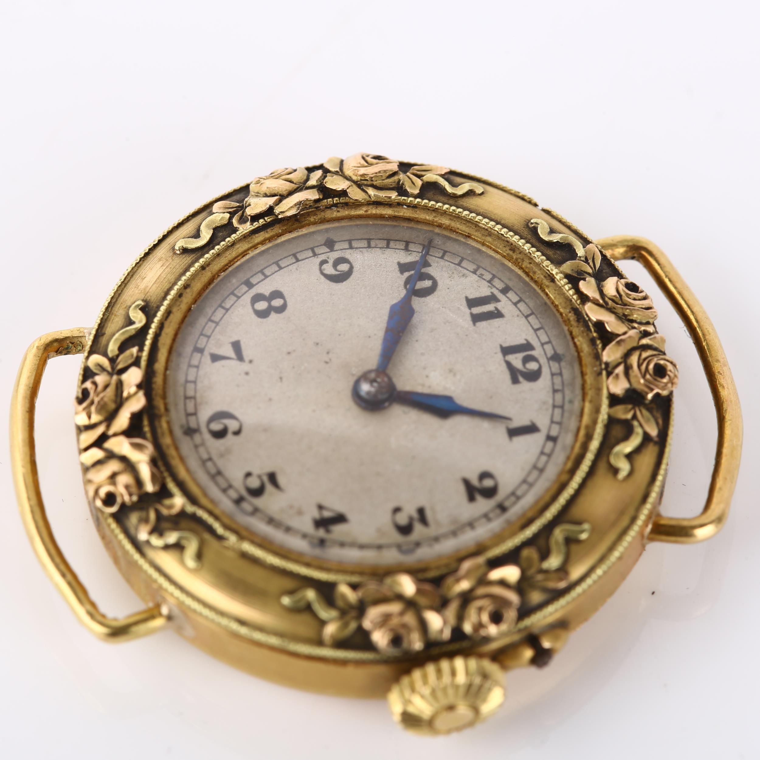 An Art Nouveau French 18k gold mechanical wristwatch head, by Schlussel G, silvered dial with Arabic - Image 3 of 5