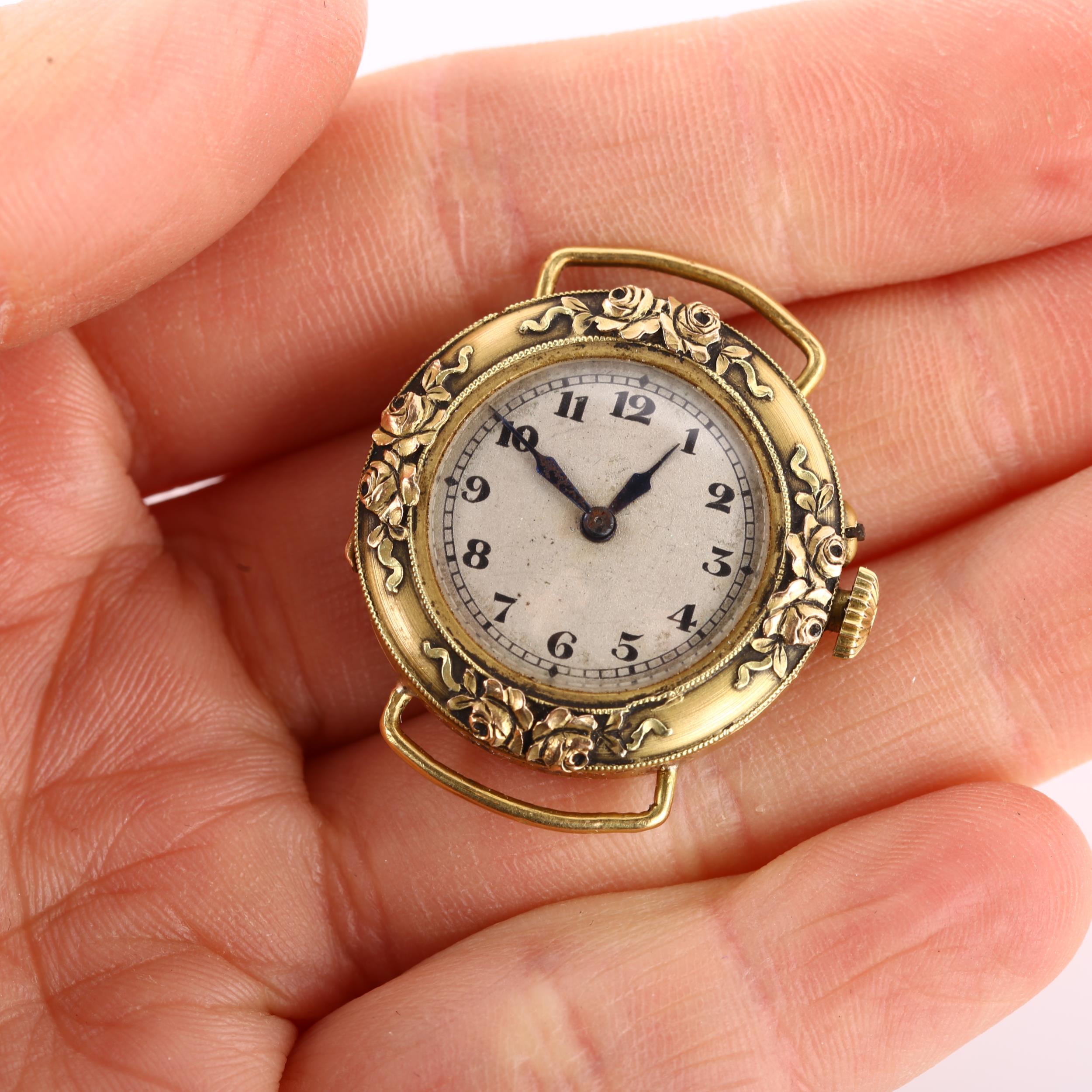 An Art Nouveau French 18k gold mechanical wristwatch head, by Schlussel G, silvered dial with Arabic - Image 5 of 5
