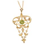 An Edwardian peridot and pearl openwork pendant necklace/brooch, with V-shaped drop and 9ct fine