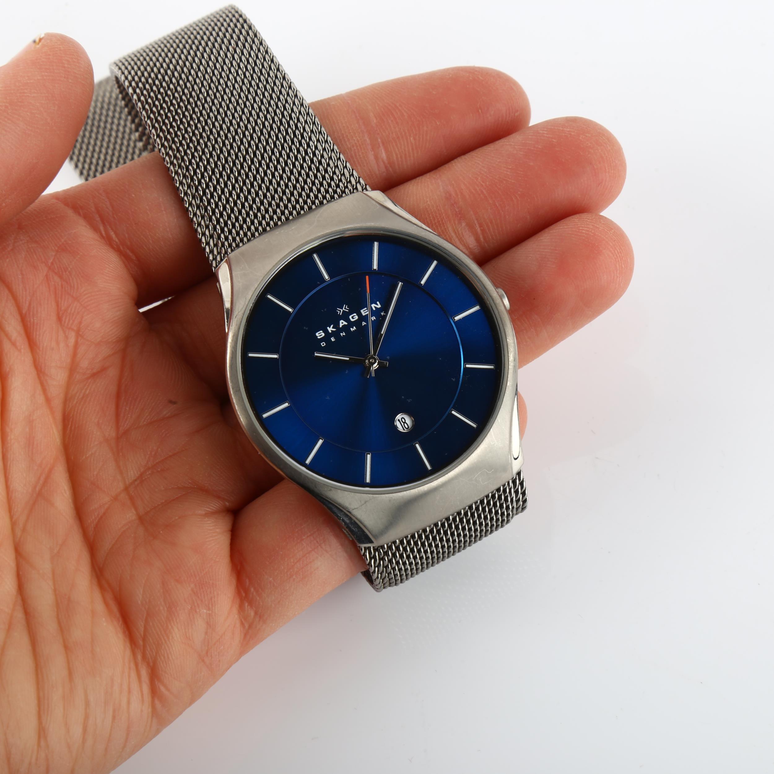 SKAGEN - a titanium quartz bracelet watch, ref. 956XLTTN, blue dial with white baton hour markers, - Image 5 of 5