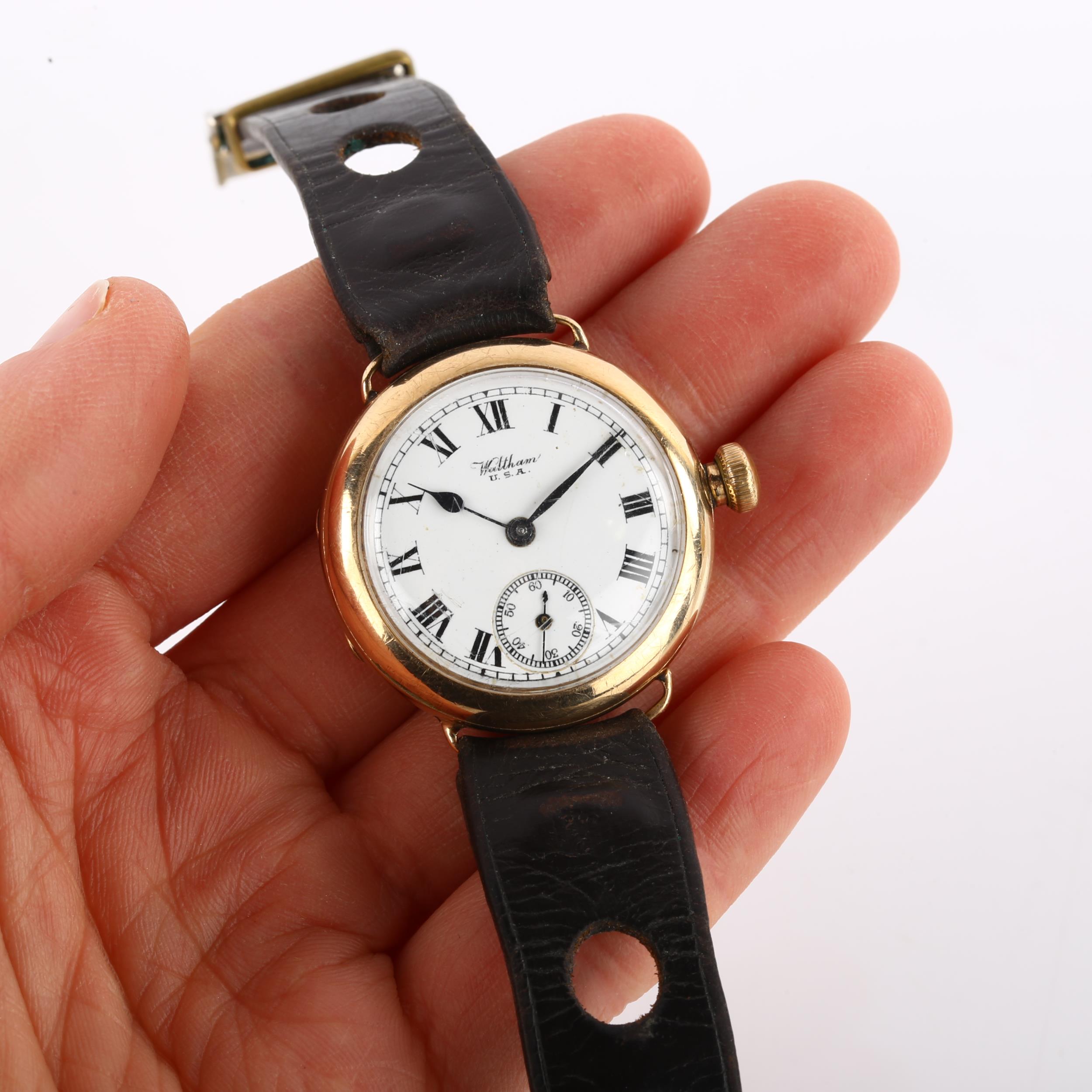 WALTHAM - an early 20th century 9ct gold Officer's trench wristwatch, white enamel dial with Roman - Image 5 of 5