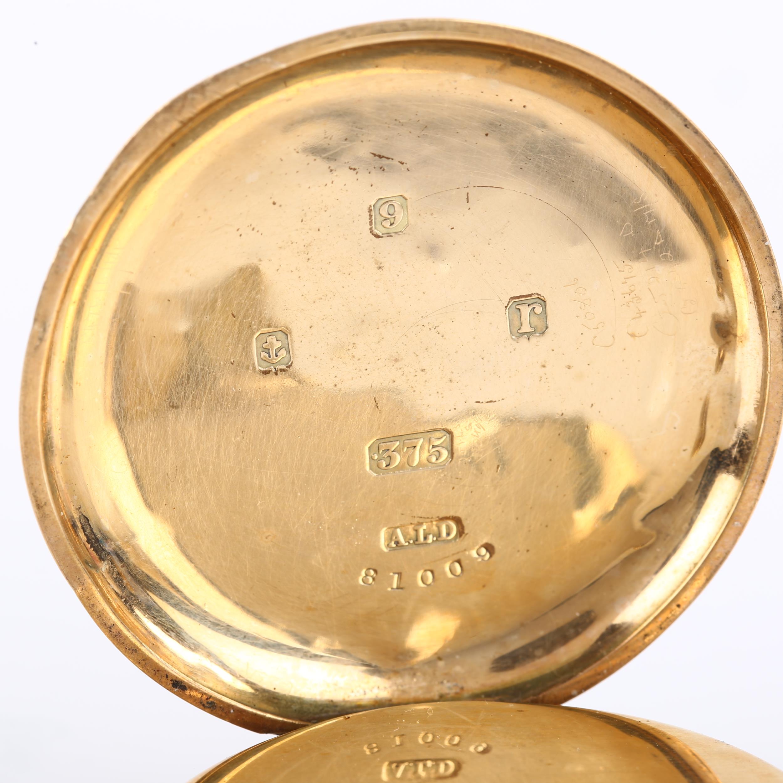 WALTHAM - an early 20th century 9ct gold open-face keyless pocket watch, white enamel dial with - Image 3 of 5