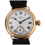 WALTHAM - an early 20th century 9ct gold Officer's trench wristwatch, white enamel dial with Roman