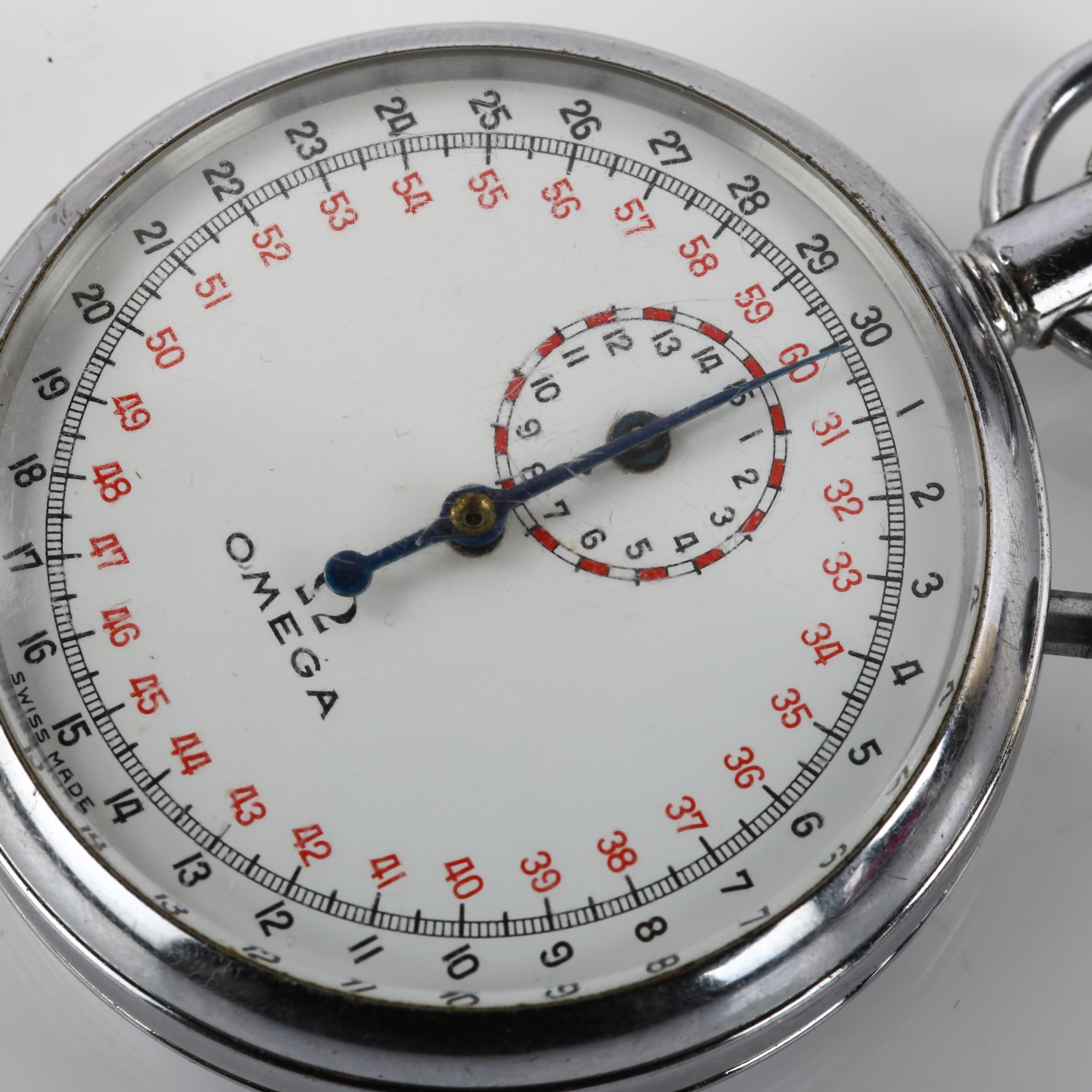 OMEGA - a chrome plated open-face stopwatch, circa 1960s, white dial with Arabic numerals and - Image 3 of 5