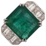 A modern 18ct white gold emerald and diamond ring, in Art Deco style, set with 2.5ct emerald-cut