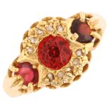 An early 20th century 18ct gold garnet and diamond cluster half hoop ring, set with round-cut garnet