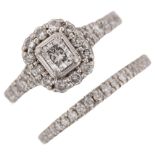 A platinum 1.5ct diamond bridal ring set, comprising 1.28ct TCW halo cluster engagement ring, and
