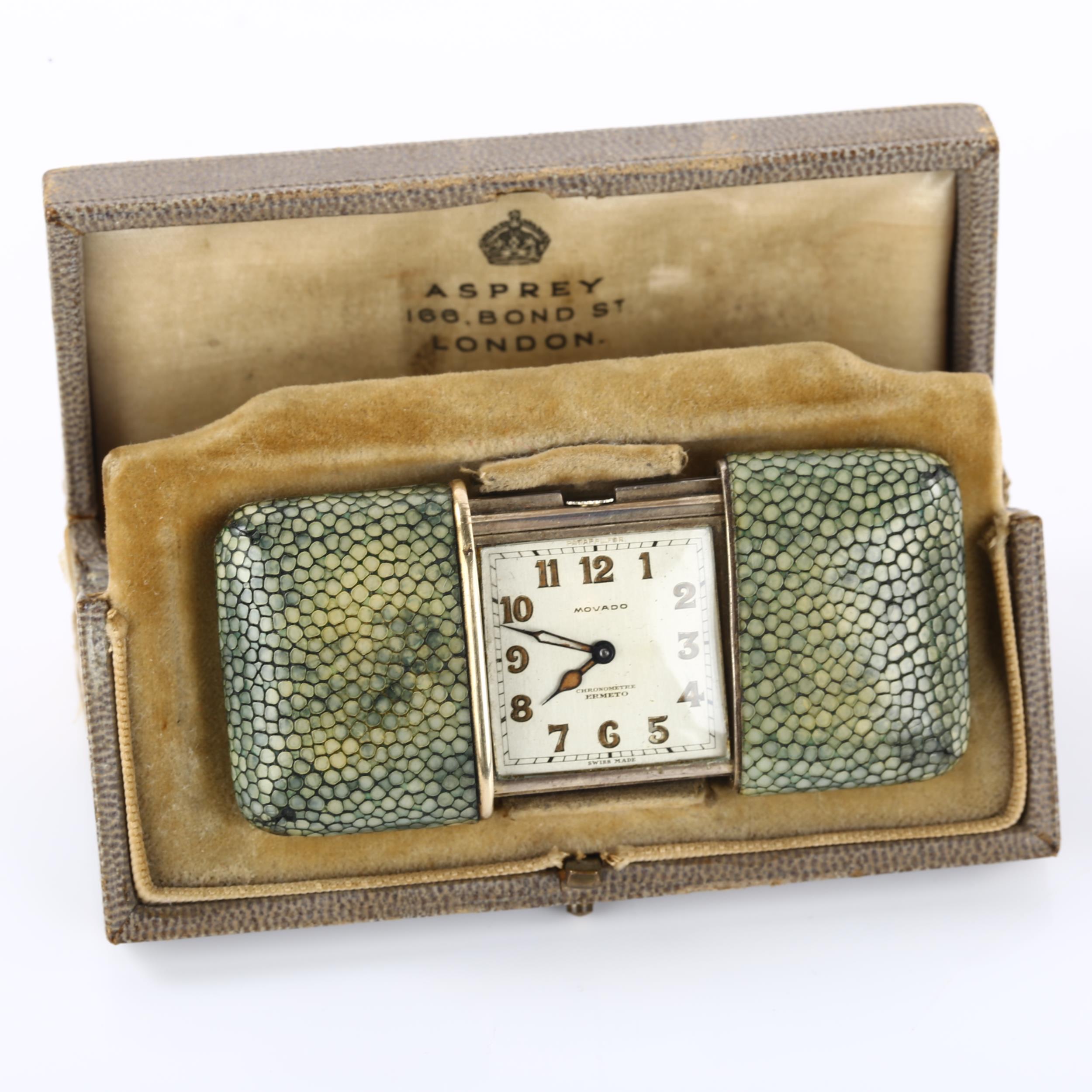 MOVADO - an Art Deco silver and shagreen Ermeto chronometre self-winding travelling purse watch, - Image 5 of 5