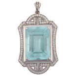 A large modern 18ct white gold aquamarine and diamond openwork pendant, set with 30ct rectangular