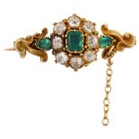 A 19th century emerald and diamond cluster bar brooch, unmarked gold closed-back settings with