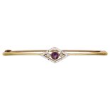 An Edwardian 15ct gold amethyst pearl and enamel lozenge bar brooch, brooch length 59mm, 3.6g Enamel