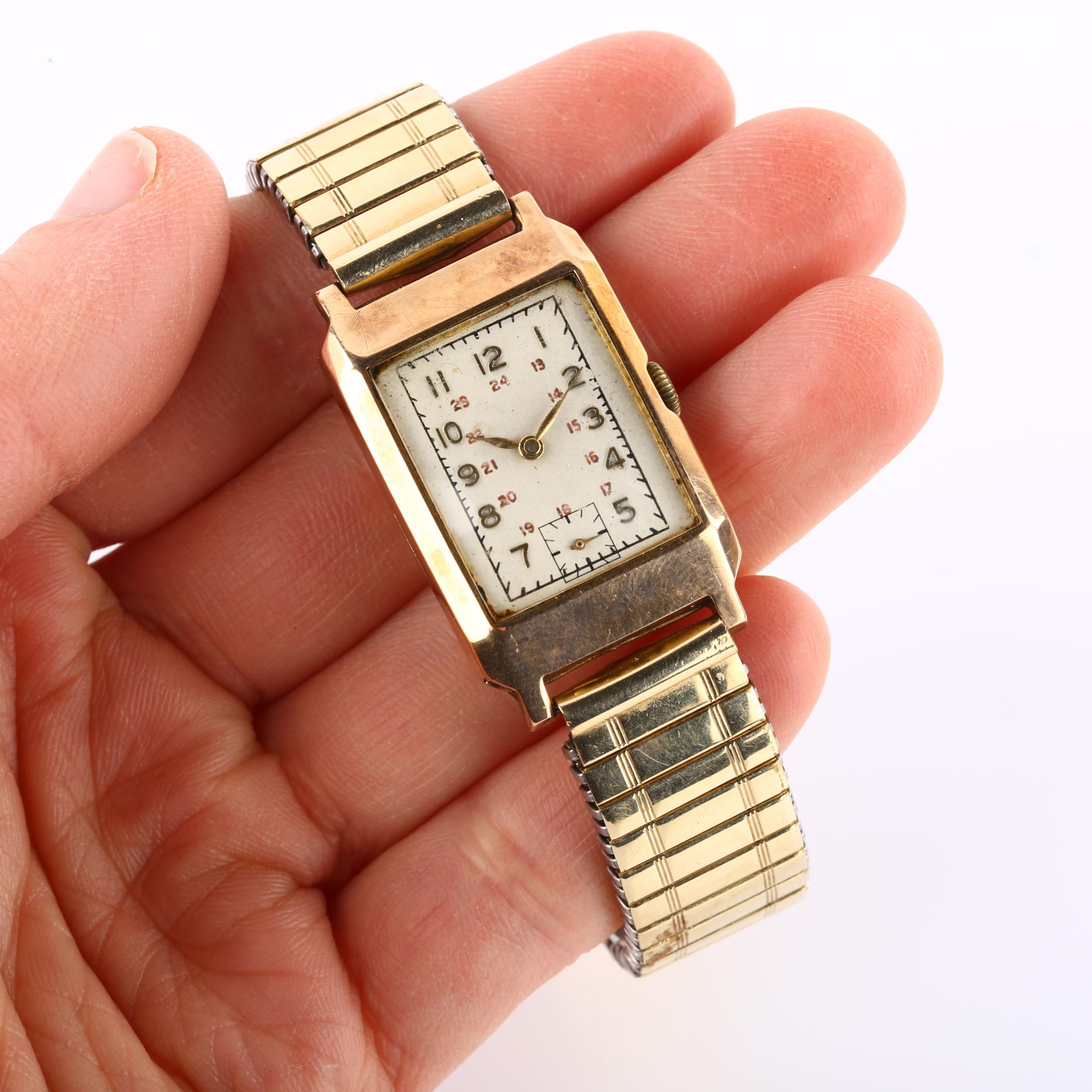 An Art Deco 9ct gold mechanical bracelet watch, silvered dial with gilt Arabic numerals and - Image 5 of 5