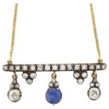 A 19th century sapphire and diamond drop bar pendant necklace, unmarked gold and silver settings