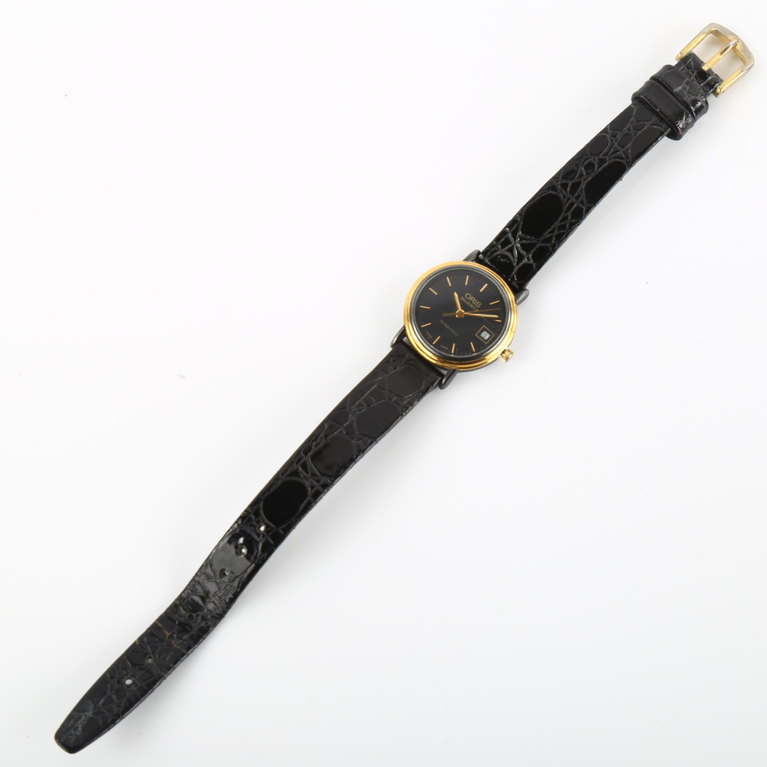 ORIS - a gold plated stainless steel Acapulco quartz wristwatch, ref. 7113, black dial with gilt - Image 2 of 5