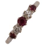 An 18ct gold graduated five stone ruby and diamond half hoop ring, set with round-cut ruby and