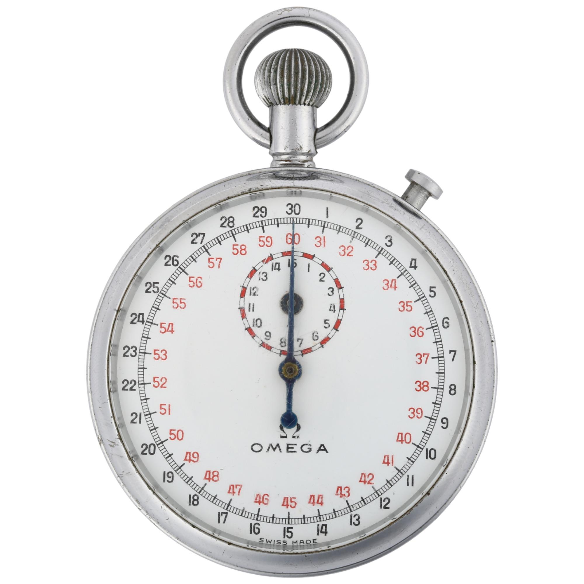 OMEGA - a chrome plated open-face stopwatch, circa 1960s, white dial with Arabic numerals and