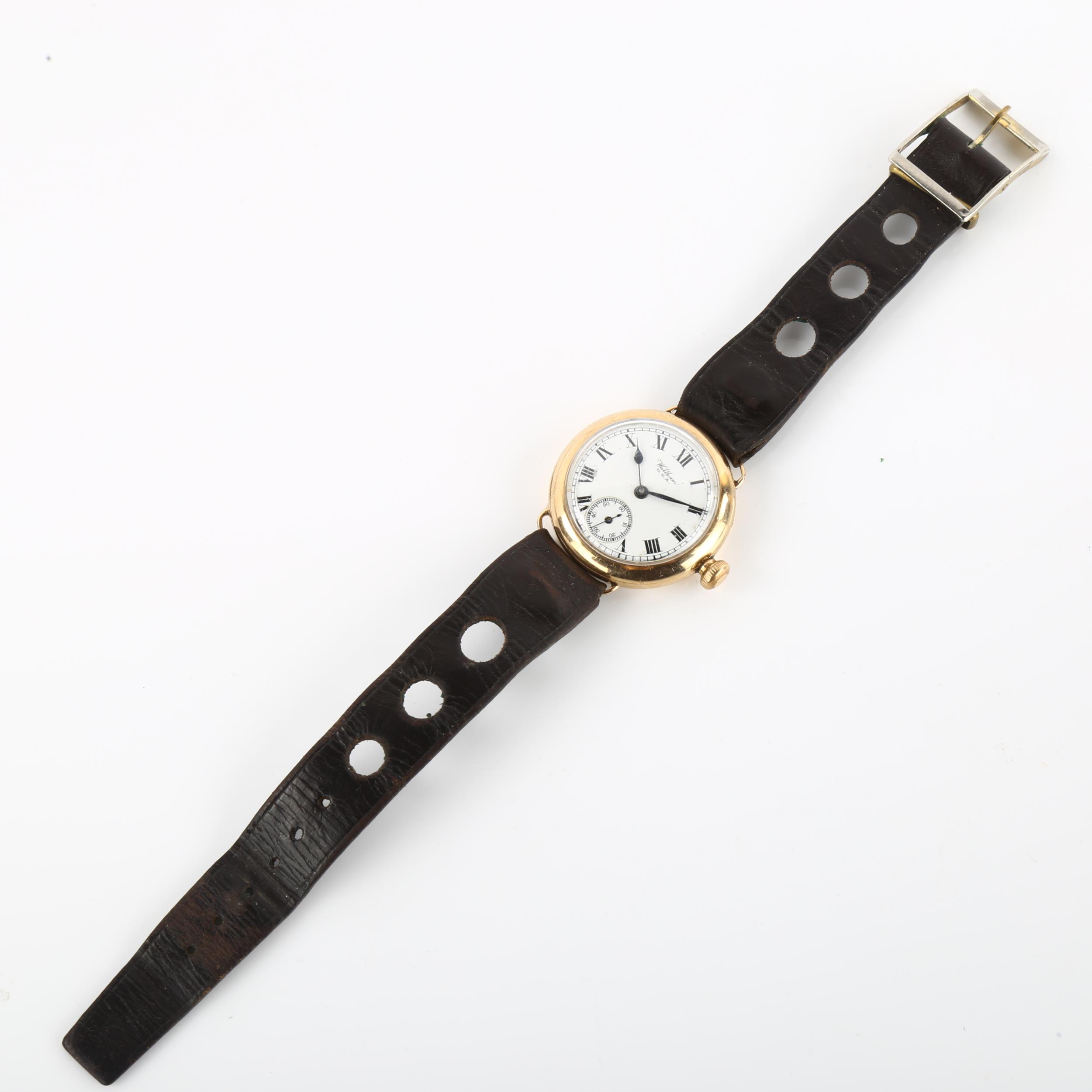WALTHAM - an early 20th century 9ct gold Officer's trench wristwatch, white enamel dial with Roman - Image 2 of 5