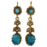 A pair of turquoise and pearl drop earrings, unmarked yellow metal settings with cannetille