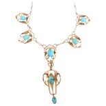 GOURDEL VALES & CO - an Arts and Crafts 9ct rose gold turquoise matrix openwork fringe pendant